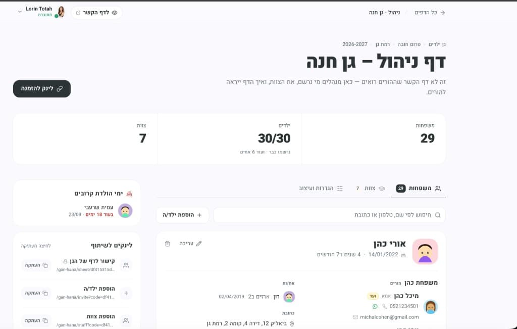 דף הניהול של גן חנה: מונים של משפחות, ילדים וצוות, לינק להזמנה, לינקים לשיתוף וכרטיס משפחה עם הורים ואחים