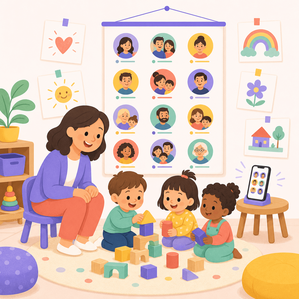 גננת וילדים משחקים בגן, ועל הקיר תלוי דף קשר של המשפחות